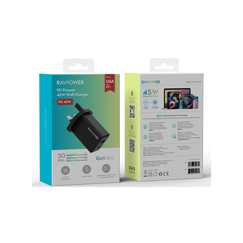 RavPower GaN Wall Charger / USB-C / USB-A / PD 45W - Black