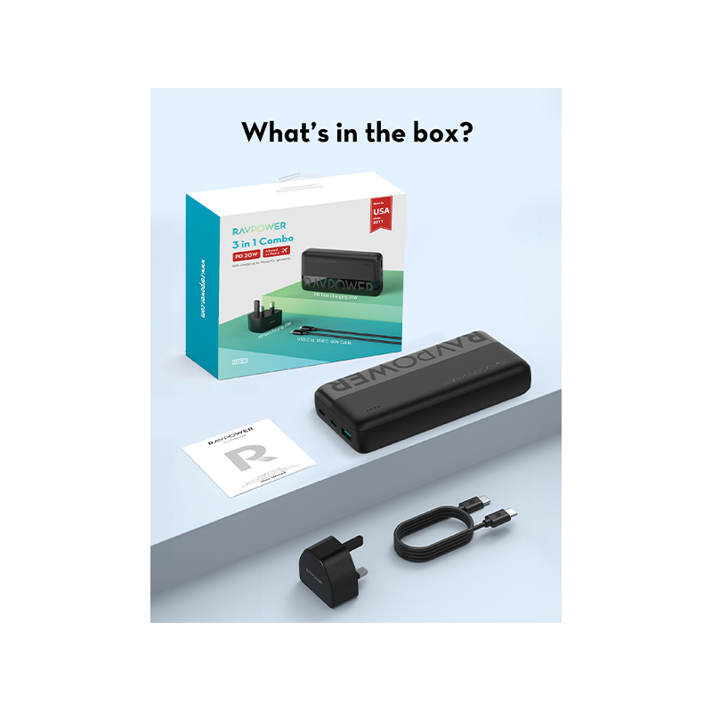 RavPower 3 In 1 Combo (USB-C Wall Charger + USB-C to USB-C Cable + 20000mAh Power Bank)