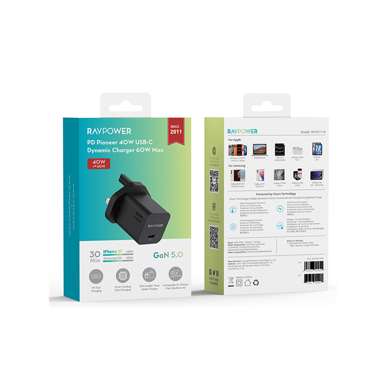 RavPower 40W GaN Wall Charger With 60W Max / USB-C PD - Black