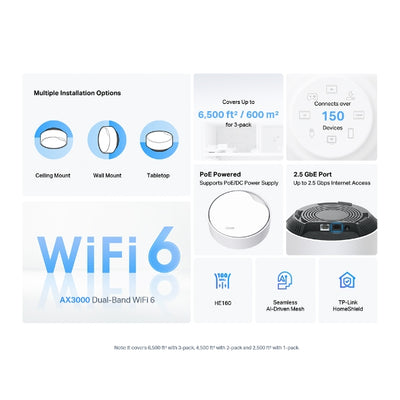 TP-Link (Deco X50-PoE) AX3000 Whole Home Mesh WiFi 6 System with PoE - 2402 Mbps(5 GHz) / 2× 2.5 Gbps ports