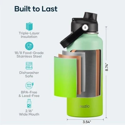 Buzio Duet Series Water Bottle with 2 Lids and Sleeve 1L - Gradient Green