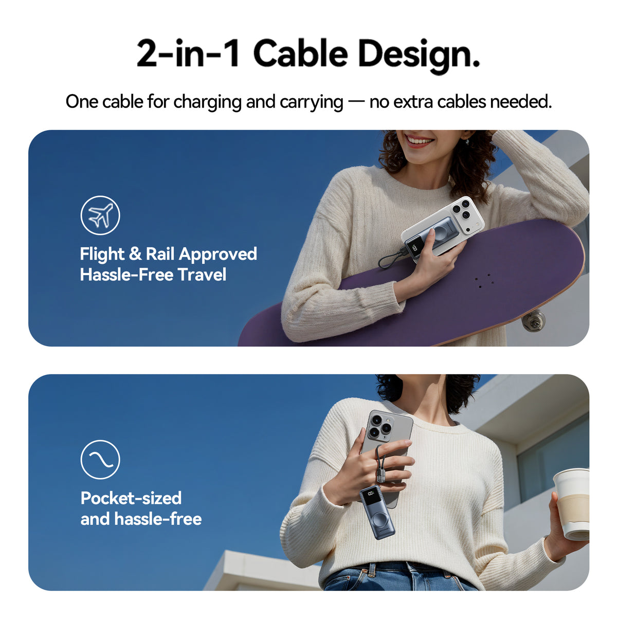 Vention Mini Power Bank with Built-in USB-C Cable - 10000mAh / USB-C / USB-A / Grey