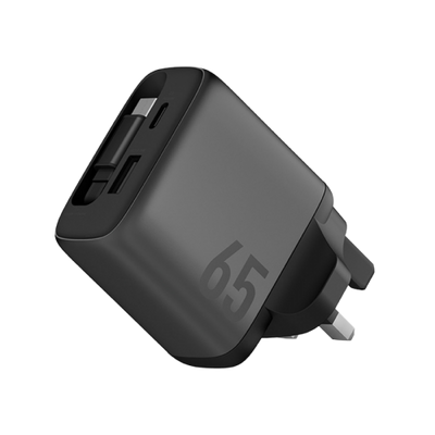 Energea Ampcharge Arc 65 1-Port USB-C, 1-Port USB-A & 1-USB-C Retractable Cable 65W GaN Wall Charger - Gunmetal