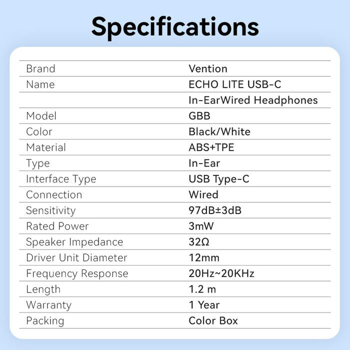 سماعات الرأس Vention Echo Lite يو اس بي داخل الاذن بسلك مع محول مع بطول محول .2 متر - أسود