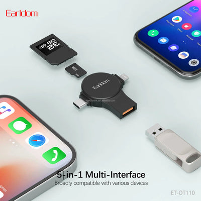 Earldom OT110 5-n-1 Card Reader - SD Card / Micro SD / Type-C / Lighting / USB-A/ Black