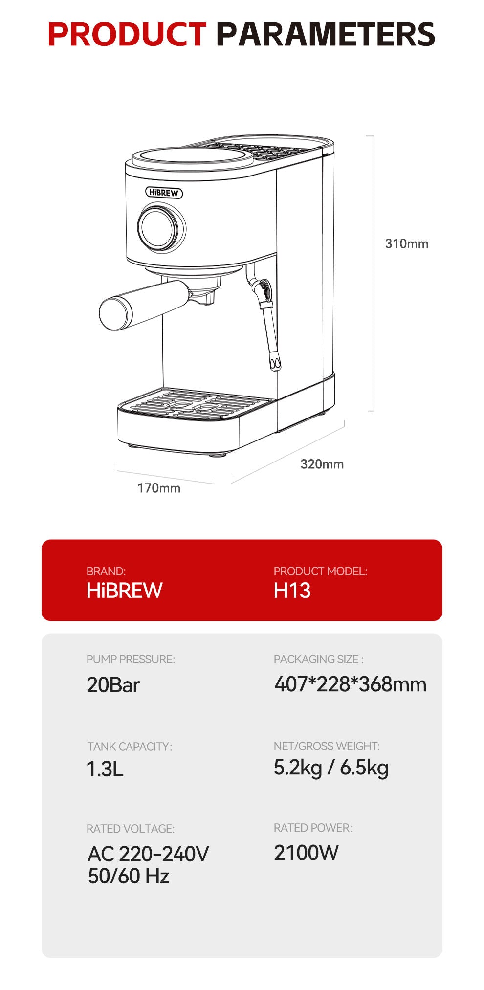 HiBREW H13 Coffee Espresso Machine - White