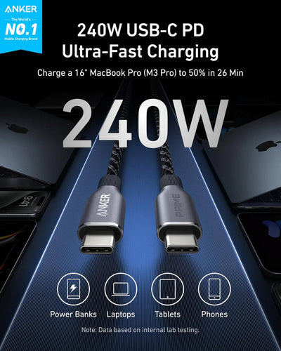 Anker Prime Cable - 6ft / 240W / USB-C to USB-C / Black