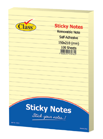Class Pastel Yellow Lined Sticky Notes - 210 X 150mm / 100 Sheets