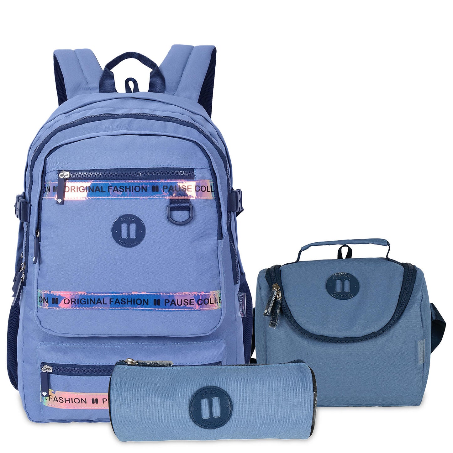 Pause Backpack Bag 18 With Pencil case & Lunch Bag - Blue
