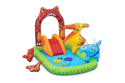 Bestway 2.41m x 1.40m x 1.37m jurassic splash play center (1 pool, 3 fish shaped rings,1 triceratops ring target, 1 pteranodon ball catch, 1 pteranodon, 1 t-rex, 4 play balls, repair patch.) age 2+