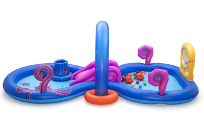 Bestway 3.30m x 1.88m x 1.17m sea odyssey play center (1 pool,1 arch sprinkler,1 slide, 1 basket, 2 puffy pal fish, 2 rackets, 4 play balls, repair patch) age 2+