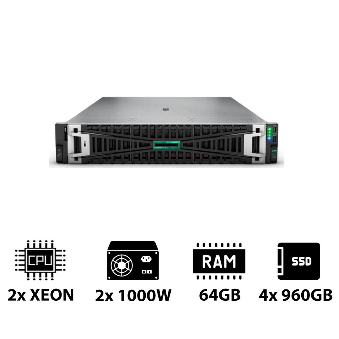 HP ProLiant DL380 G11 - 2x Xeon Silver 4410Y 2.00GHz / 2x 12-Cores / 64GB / 4x 960GB SSD / 2x 1000Watts / Rack(2U)