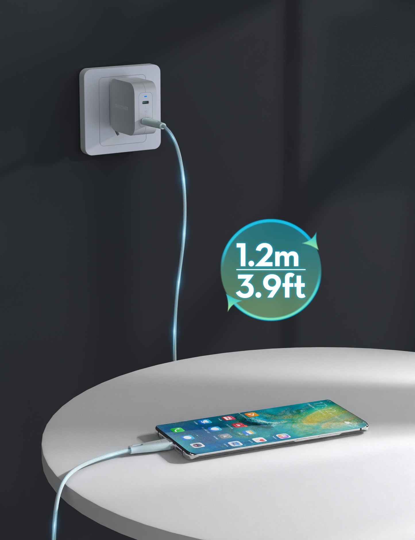 RAVPower RP-CB1037 USB-C Cable - 60W / 1.2 Meter / 3A / Light Blue