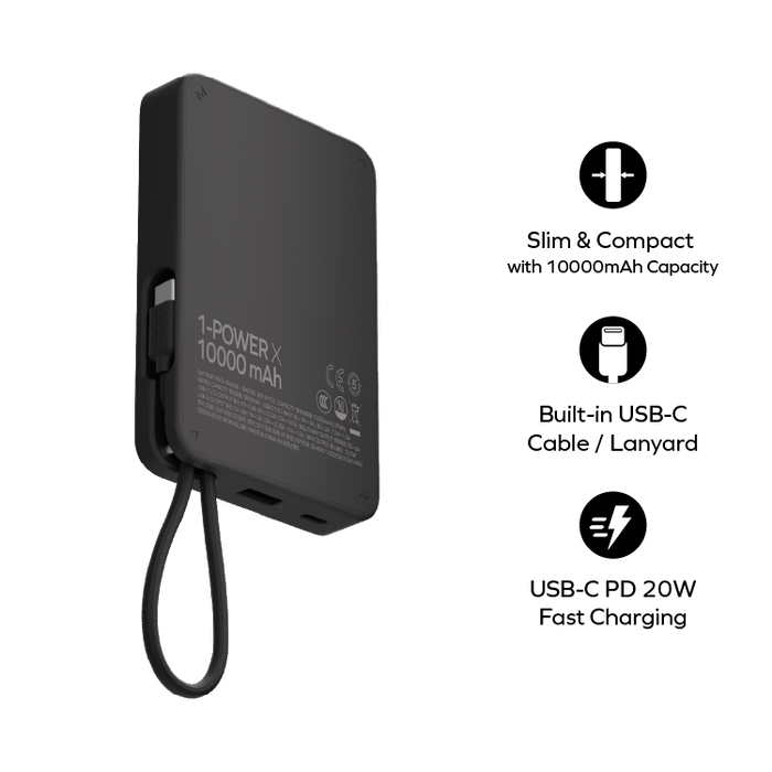 MOMAX 1-Power X Power Bank With Built-In USB-C Cable - 10000mAh / USB-C / USB-A / Black