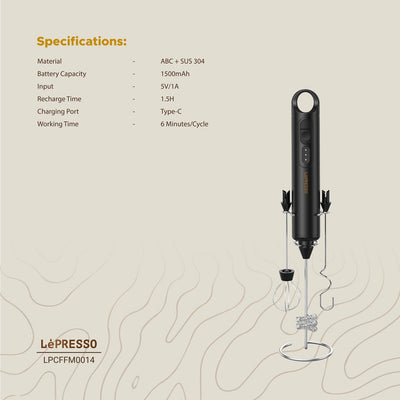 LePresso Forthmate Milk Frother With Interchangeable Whisks - Black Color