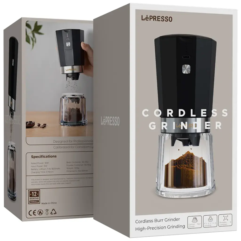 LePresso Cordless Electric Conical Burr Grinder High-Precision Grinding - Black Color
