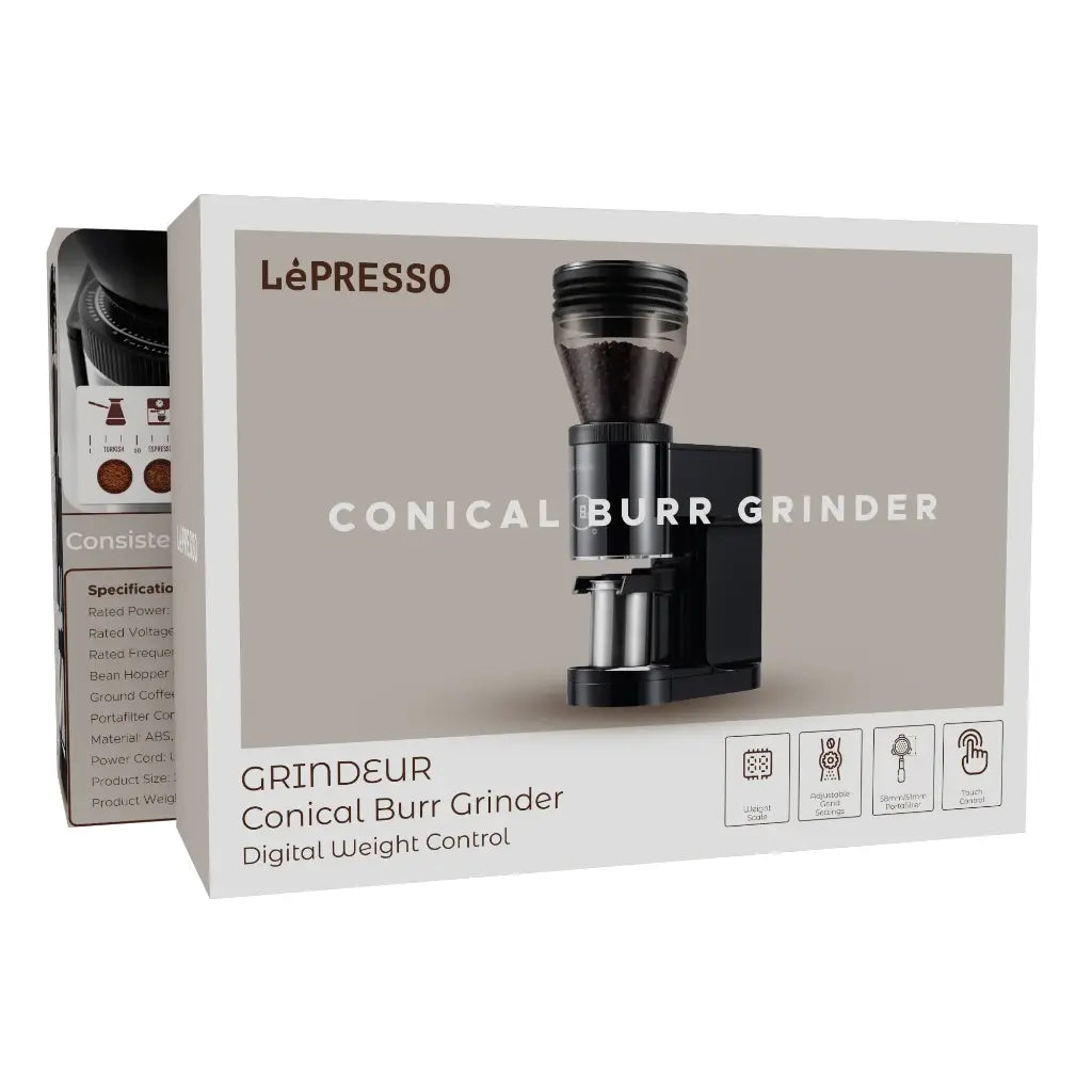 LePresso Grindeur Conical Burr Grinder with Digital Weight Control - Black Color