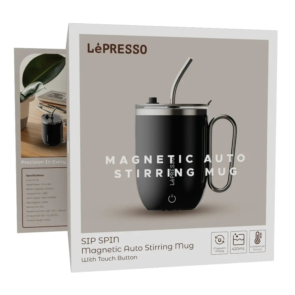 LePresso Sip Spin Magnetic Auto Stirring Mug with Touch Button - Black Color