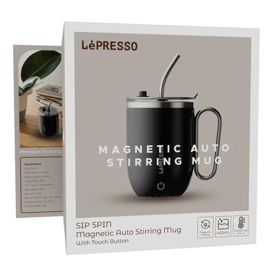 LePresso Sip Spin Magnetic Auto Stirring Mug with Touch Button - Black Color