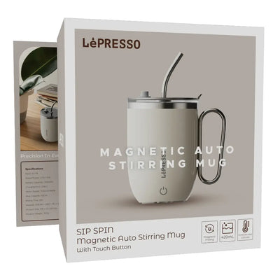 LePresso Sip Spin Magnetic Auto Stirring Mug with Touch Button - White Color