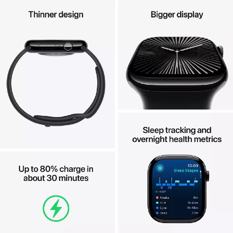 Apple Watch Series 10 with Sport Loop - LTPO OLED / 64GB / 42mm / Bluetooth / Wi-Fi / Jet Black Smart Watches
