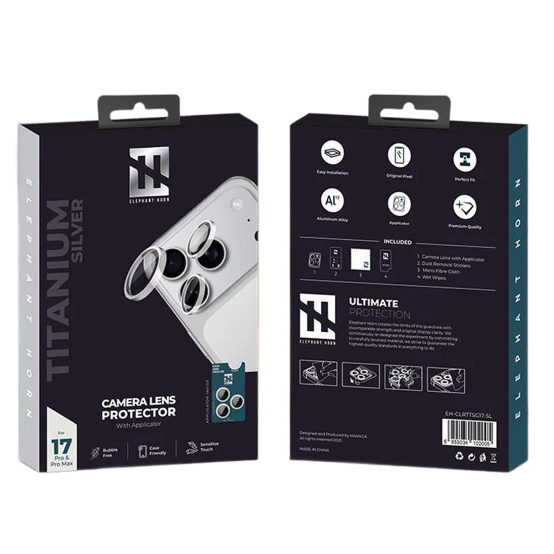 حامي القرن الفيل كاميرا عدسة حامية مع واقي مع قضيب ابل ايفون 17 برو برو ماكس - فضي تيتانيوم