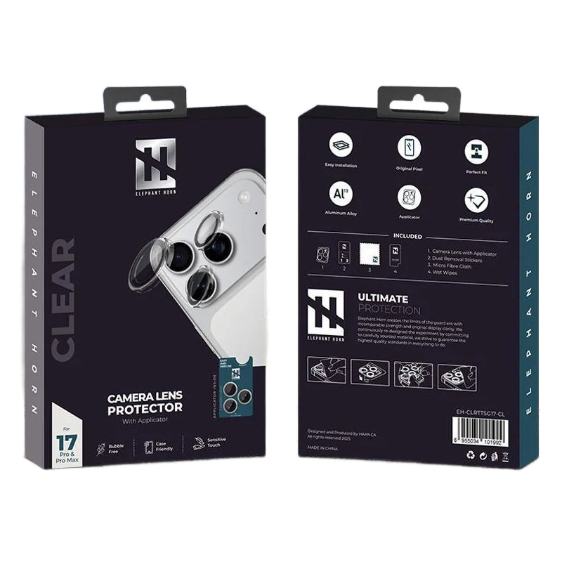 واقي قرون الفيل كاميرا عدسة كاميرا عدسة مع قضيب حامي لـ ابل ايفون 17 برو برو ماكس - شفاف