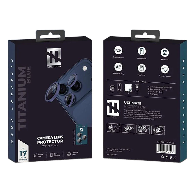واقي قرن الفيل كاميرا عدسة كاميرا عدسة مع قضيب حامي لـ ابل ايفون 17 برو برو ماكس - أزرق تيتانيوم