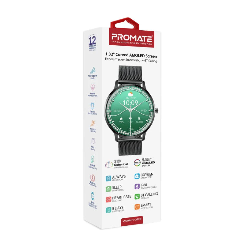 PROMATE XWatch-US13 ساعة ذكية شاشة AMOLED مقاس 1.32 بوصة / بلوتوث أسود