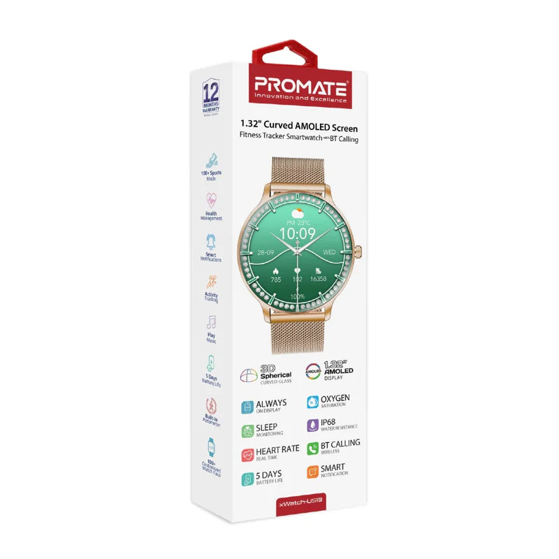 PROMATE XWatch-US13 ساعة ذكية شاشة AMOLED مقاس 1.32 بوصة / بلوتوث زهري ذهبي