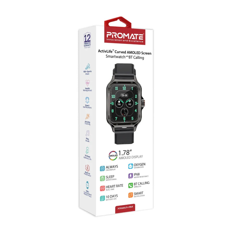 PROMATE XWatch-RM ساعة ذكية شاشة AMOLED منحنية مقاس 1.78 بوصة / بلوتوث أسود