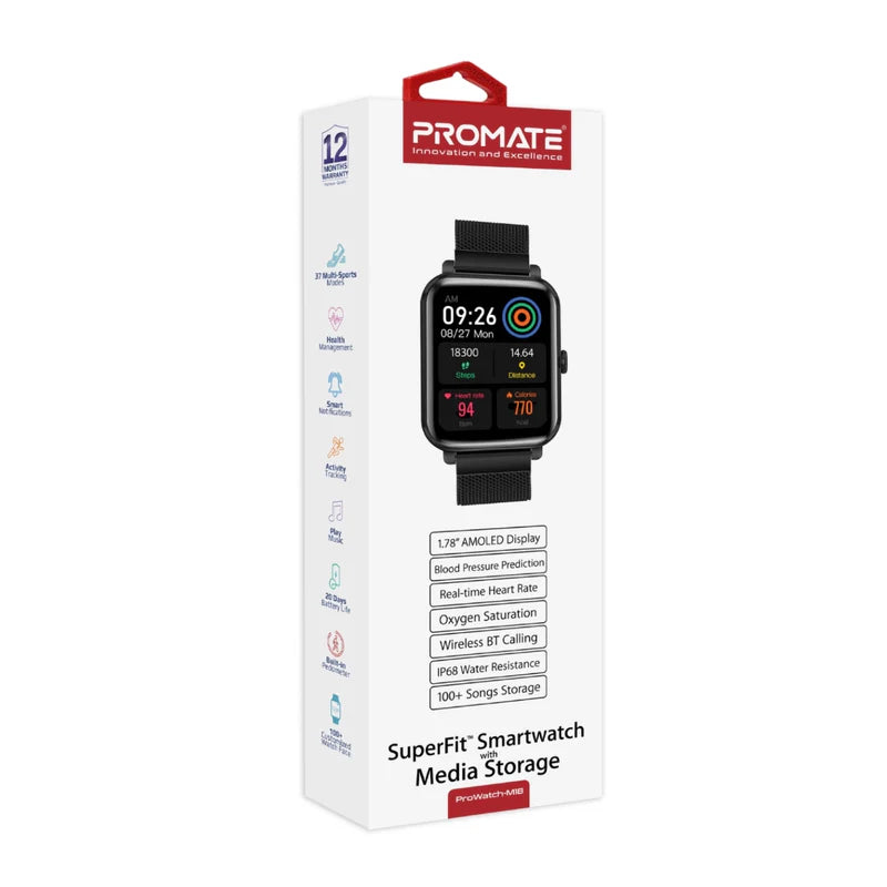 PROMATE ProWatch-M18 ساعة ذكية شاشة AMOLED مقاس 1.78 بوصة / بلوتوث أسود