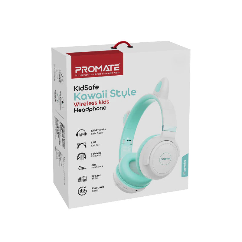 سماعات الرأس لاسلكي من PROMATE بنمط الباندا الكاواي سماعات الرأس 1000 مللي أمبير / لون أكوا