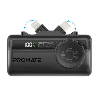 PROMATE PowerUp-Trio Ultra-Compact Fast Charging Power Bank - 20W / USB-C / Lightning / Black + PROMATE PowerPort-25AC Power Delivery Ultra-Fast Dual Port AC Charger - 25W / USB-C / USB-A / Black - Bundle Offer