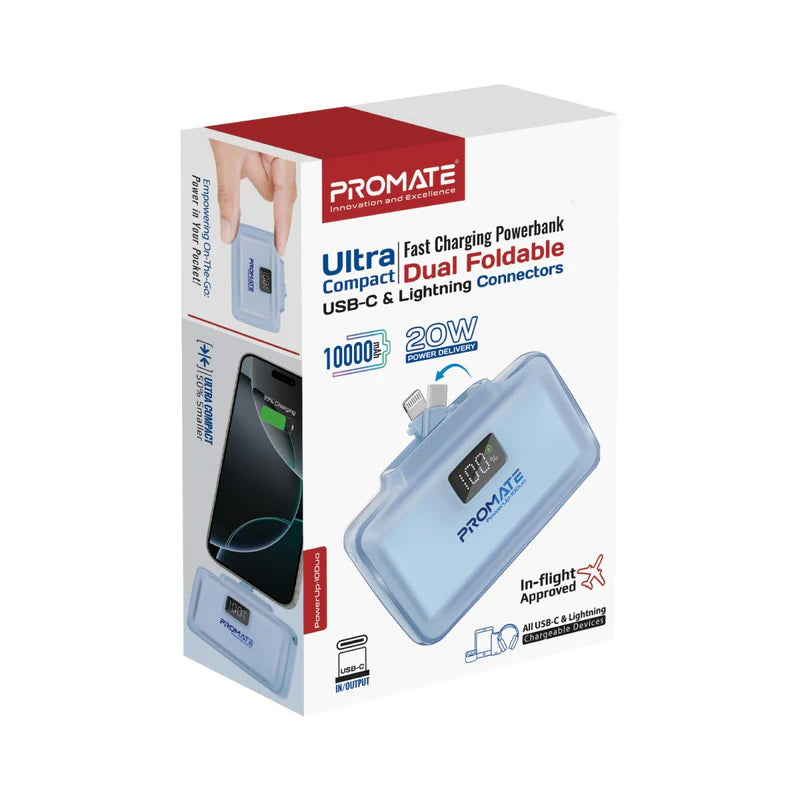 PROMATE PowerUp-10Duo - طاقة مضغوط سريع - 20 واط / يو اس بي/ لايتننج أزرق