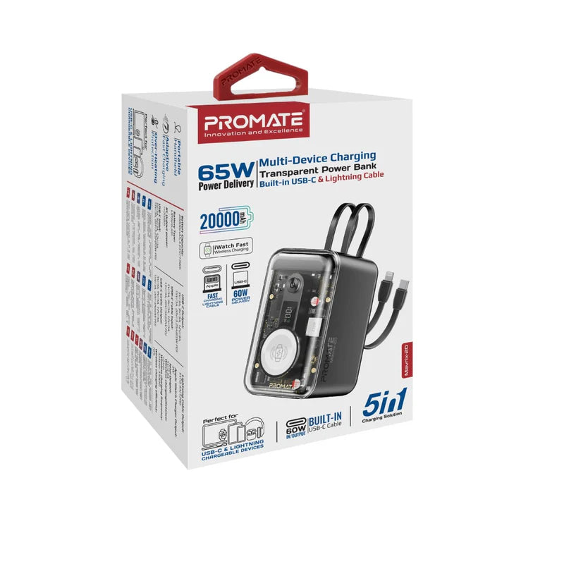 PROMATE Mavrix-20 - طاقة الجهاز مع كابل بلت-ان يو اس بي لايتننج كابل 65 واط / 20,000 مللي أمبير في الساعة / أسود