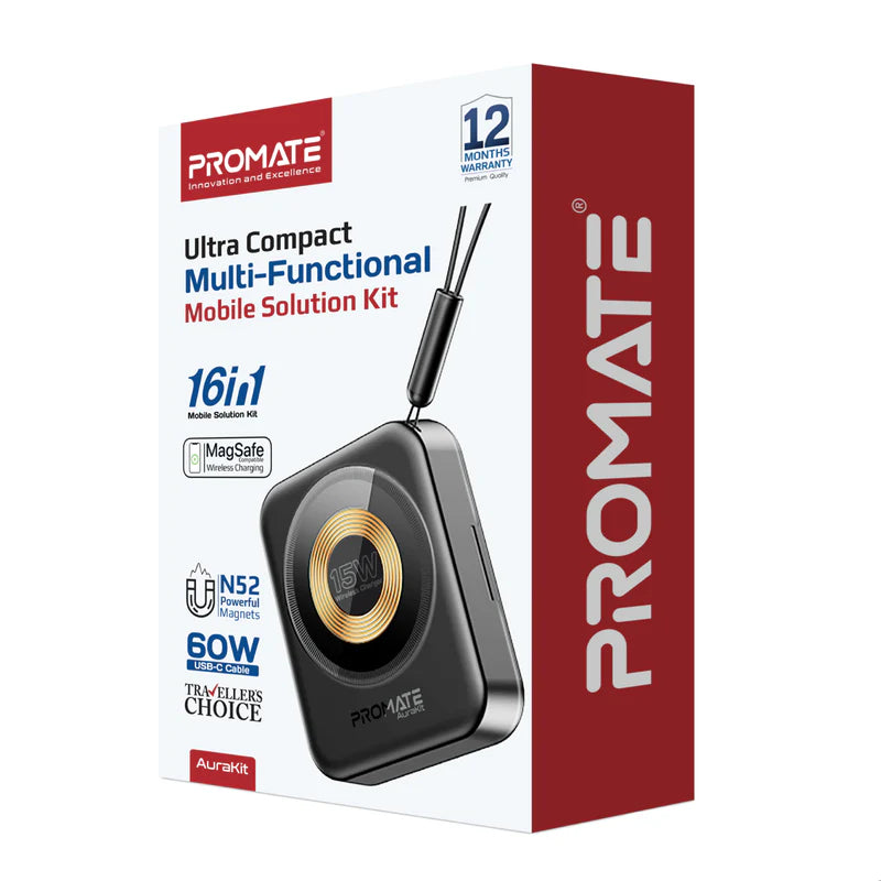 PROMATE AuraKit ألترا مضغوط متعددة الوظائف - مجموعةهاتف - 15 واط / أسود