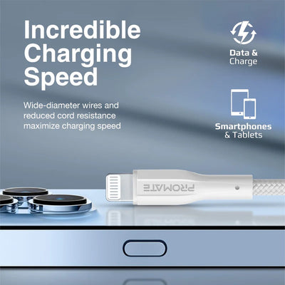 PROMATE XCord-Ai High Tensile Strength Data & Charge Cable - 1 Meter / 480Mbps / USB-A / Lightning / White