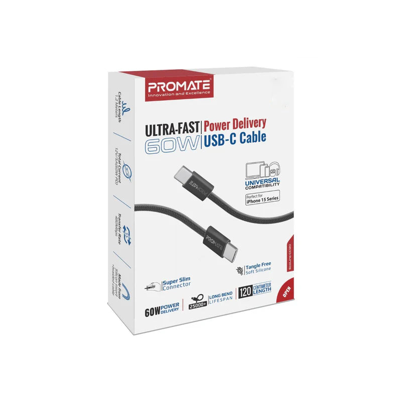 كابل سريع PROMATE EcoLine-CC120 كابل 1.2 متر 480 ميجابت في الثانية / يو اس بي/ أسود