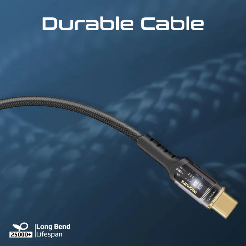 PROMATE LucidLine-CC200 High Tensile Power Delivery Charge Cable - 2 Meter / 480Mbps / USB-C / Black