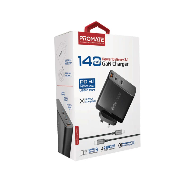 PROMATE GaNCharge-140W GaN شاحن 140W / يو اس بي/ يو اس بي/ أسود