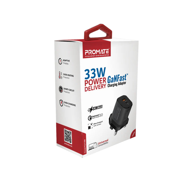 محول طاقة PROMATE PowerPort-33توصيل Charging محول 33 واط / يو اس بي/ يو اس بي/ أسود