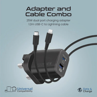 PROMATE ChargeKit-25PDi Power Delivery Dual Port Adapter with Cable - 25W / USB-C / Black