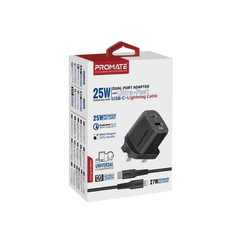 PROMATE ChargeKit-25PDiمحول طاقة مزدوج منفذ مع كابل 25 واط / يو اس بي/ أسود