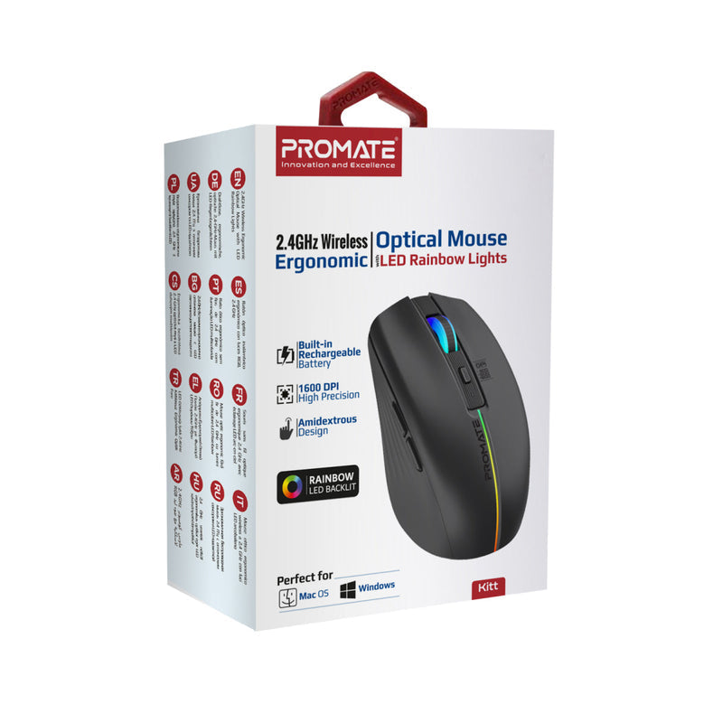 PROMATE Kitt Wireless Ergonomic Optical Mouse with LED Rainbow Lights - 2.4Ghz / Black