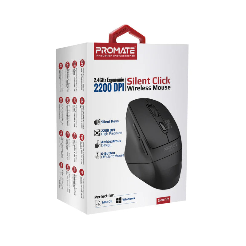 PROMATE Samit Ergonomic Silent Click لاسلكي ماوس 2200dpi / أسود