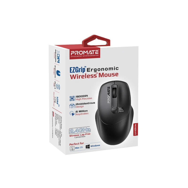 PROMATE UniGlide EZGrip Ergonomic Wireless Mouse - 1600dpi / Black
