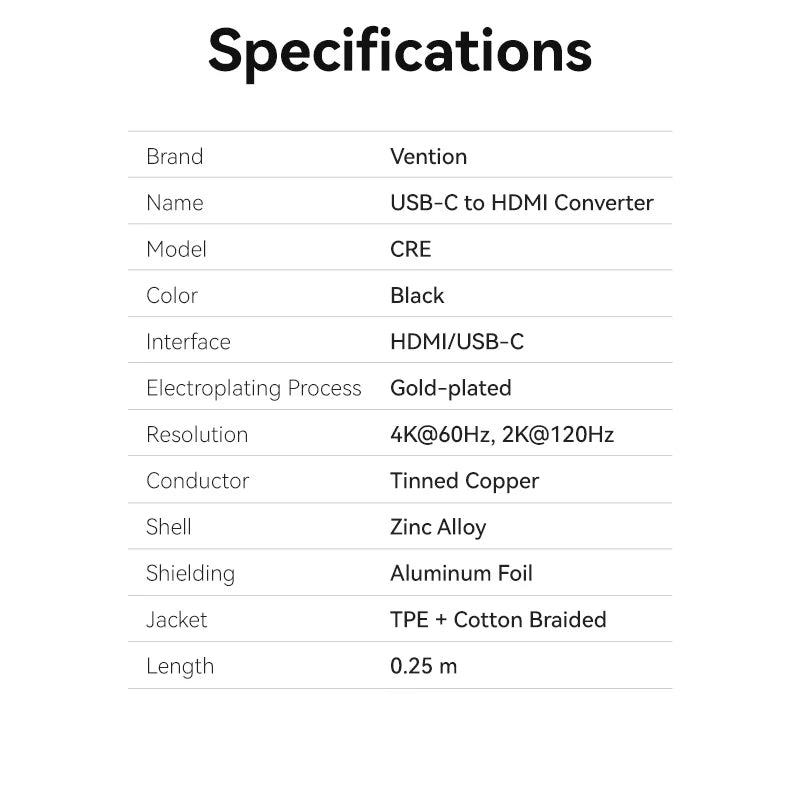 Vention Cotton Braided يو اس بي إلى إتش دي إم أي محول 0.25 متر أسود