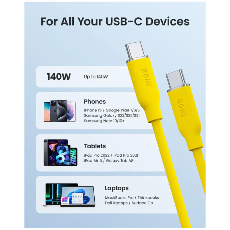 AOHi PD 3.1 سريع كابل ناعم كابل 140 واط / يو اس بي/ 1 متر أصفر
