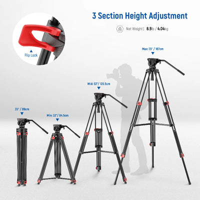 NEEWER BASICS TP37 74" Video Tripod with Fluid Head - Black
